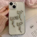 Cute 3D Silver Bowknot Phone Case For iphone 15 14 13 12 11 Pro Max Creative Fashion Simple Transparent Soft TPU Back Cover