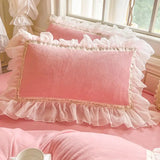 4Pcs Korean Princess Style Winter Thick Warm Milk Velvet Bedding Set Three-layer Lace Ruffles Duver Cover Bed Skirt Pillowcases