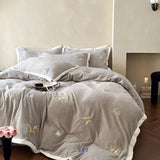 4Pcs Winter Thickened Milk Velvet Butterfly Embroidery Bedding Set Wide Edge Duvet Cover Set Flat/Fitted Bed Sheet Pillowcases