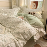 Princess Style Lace Ruffles 100% Cotton Bedding Set Floral Pastoral Style Duvet Cover Flat/Fitted Bed Sheet Pillowcases 3/4Pcs