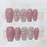 10Pcs Cute Pink Handmade Press on Nails Full Cover Butterfly Flower Cat Eye Design French Ballet Manicure False Nails Nail Tips