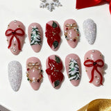 24pcs Rhinestone Fake Nail Christmas Blush Almond Nails Sets Press on French Red Nails Tips Star Design Pink False Nail Finished