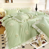 Korean Princess Style Flowers Lace Ruffles Bedding Set Comforter Queen King 4Pcs Duvet Cover Bed Sheet/Fitted Sheet Pillowcase