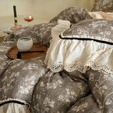 Vintage French Lace Ruffles Bedding Set Pure Cotton Wrinkled Yarn Soft Duvet Cover Set Flat/Fitted Bed Sheet Pillowcases 4Pcs