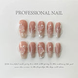 10Pcs Handmade Press on Nails Full Cover Elegant Design French Ballerina Cute Pink False Nails Wearable Manicure Nail Tips Art