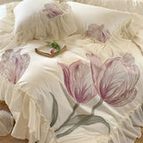 1200TC Egyptian Cotton Flowers Embroidery Lace Ruffles Princess Bedding Set Duvet Cover Flat/Fitted Bed Sheet Pillowcases 4Pcs