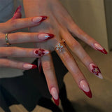 24pcs Almond Nails Sets Press on Acrylic Rhinestone Design French Long Almond False Nails Art with Gem Pattern Fake Nail Tips