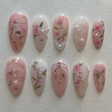 24Pcs Pink Almond French Press on Nails With 3D Bow ripple charms Design Fake Nails Ballerina False Nails Full Cover Nail Tips