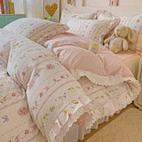 3/4Pcs Pastoral Floral Lace Ruffles 100% Cotton Bedding Set Single Queen Duvet Cover Bed Skirt/Bed Sheet/Fitted Sheet Pillowcase