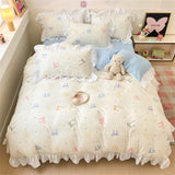 French Princess Lace Ruffles Bedding Set Washed Cotton Skin-friendly Duvet Cover Set with Sheet Soft Printed Flowers Quilt Cover