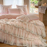 Three-layer Floral Embroidered Lace Ruffles 1000TC Egyptian Cotton Bedding Set Duvet Cover Flat/Fitted Bed Sheet Pillowcase 4Pcs