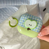 Cartoon Cute Green Apple DIY Grid Pattern Silicone Earphone Case For AirPods 1 2 3 4 Pro 2 Soft Protection Cover With Keychain