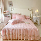 100% Cotton Flowers Lace Embroidery Ruffles Princess Weding Bedding Set Duvet Cover Quilted Bed Skirt Bedspread Pillowcases 4Pcs
