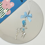 Blue Bow Knot Butterfly Beaded Charm Phone Pendant Crystal Wristband Keychain Bracelet Lanyard Cord