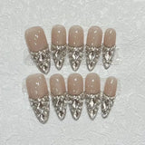 10Pcs Handmade Press on Nails Full Cover Butterflies Rhinestones Design Pink  Almond False Nails Wearable Manicure Nail Tips Art