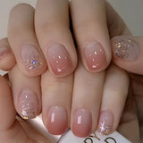 24Pcs Nude Pink Nail Tips Short Round Head False Nails with Design Wearable Finished Fake Nails Full Cover Press on Nails