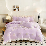 Korean Princess Style Flowers Lace Ruffles Bedding Set Comforter Queen King 4Pcs Duvet Cover Bed Sheet/Fitted Sheet Pillowcase