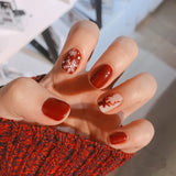 24Pcs/Box New Christmas Elk Snowflake Fake Nails Artificial Short Round Press on Acrylic Nails Tips Coffin Nail with Glue