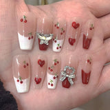 10Pcs Handmade Press On Nails Full Cover Strawberry Design Summer Rhinestone French Ballerina False Nails Wearable Manicure Nail