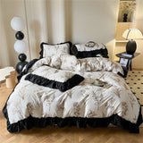 Washed Cotton Bedding Sets With Lace Black Printed Four Piece Set Bedroom Decor Duvet Cover Pillowcase Bedspread Bed Cover Sets