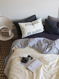 Ikeehome  Thiened Cotton Flannel Plaid Four-Piece Bedding Set Warm Stripe Pattern Student Bed eet Cover Duvet Cover Bedding