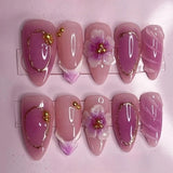 24pcs Sweet Cool French Press on Nails Gold Irregular Line Stick on Nails 3D Flower False Nails Pearl Bow Almond Fake Nail Art