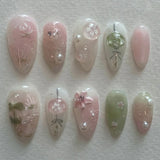 24pcs Pink Almond False Nail Art Datachable Cute Cherry Bow Design Nails Sets Press on Mid-length French Fake Nails Tip Finished