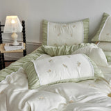 Flowers Embroidery Pleated Wide Edge Bedding Set Lyocell Soft Silky Cooling Duvet Cover Flat/Fitted Bed Sheet Pillowcases 4Pcs