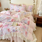 3/4Pcs French Princess Style Pink Luxury Duvet Cover Set Double Bedding Bedroom With Elastic Band Bed Linen Ruffle Pillowcase