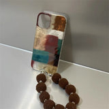 Retro brown red color blocked phone case with fur ball phone chain For iPhone 11 12 13 14 15 pro max