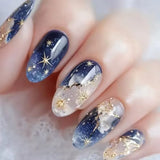 Almond Press on Fake Nails 3D Ripple Star False Nails Blue Smudge Detachable Full Cover Nails Tips 3D Shell Pearl Acrylic Nail