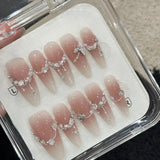 10Pcs Handmade Press on Nails Full Cover Butterflies Rhinestones Design Pink  Almond False Nails Wearable Manicure Nail Tips Art