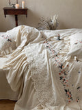 Vintage French Large Lace Ruffles Floral Embroidery Linen Cotton Bedding Set Duvet Cover Flat/Fitted Bed Sheet Pillowcases 4Pcs