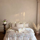 1000TC Egyptian Cotton French Ruffles Rose Print Bedding Set Duvet Cover, Bed Sheet, Pillowcases, With Elastic Band Bed Sheet