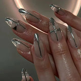 24pcs Glossy 3D Silver Butterfly Design Press on Nails Almond Metallic Aurora Purple False Nail with Glue Full Cover Wearable