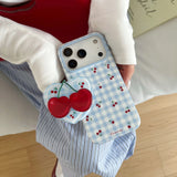 Ins Simple Cute Magnetic Cherry Lattice Pattern Blue Case with Heart Bracket for iPhone 17 16 15 Pro Max Shockproof Back Cover