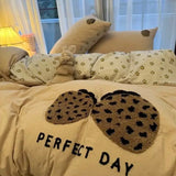Korean Style Bedding Set Green Strip Black Cat Embroidery Washed Cotton  Duvet Cover Cute Cardboard  Bed linen Comforter Sets
