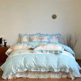 100% Cotton Korean Princess Style Rose Floral Plaid Ruffles Bedding Set Queen King Size Duvet Cover Bed Sheet Pillowcases 4Pcs