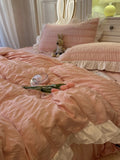 Pink Ruffled Seersucker Duvet Cover Set 3/4pcs Soft Lightweight Down Alternative Grey Bedding  with Bed Skirt and Pillowcases