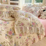 INS Floral Style Bedding Sets Ruffle Lace Bow Quilt Cover Romantic Bedclothes Decor Woman Girls Bedroom Duvet Cover 4pcs