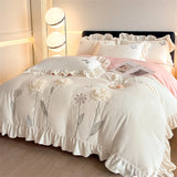 Flowers Embroidery Ruffles Thickened Soft Warm Velvet Bedding Set Queen King Size Plush Duvet Cover Set Bed Sheet Pillowcases