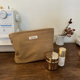 Handwoven Cotton Makeup Bag – Artistic Crochet Cosmetic Pouch with Zipper, Minimalist Clutch for Women