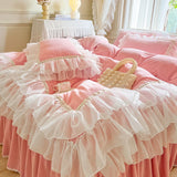 4Pcs Korean Princess Style Winter Thick Warm Milk Velvet Bedding Set Three-layer Lace Ruffles Duver Cover Bed Skirt Pillowcases