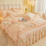 4Pcs Luxury Winter Thickened Soft Velvet Bedding Set Lace Ruffles Duvet Cover Set, Quilted Bedspread, Bed Skirt, Pillowcases
