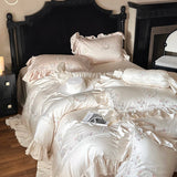 800TC Lyocell Bamboo Fiber Soft Silky Bedding Set Rose Floral Embroidery Lace Ruffles Duvet Cover Flat/Fitted Sheet Pillowcases