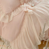 Chiffon Lace Bedding Set Pink France Romantic Princess Wedding Ruffles Bow Soft Duvet Cover Bed Sheet Pillowcases Home Textile