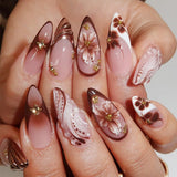 24pcs Red French Press on Nails Almond False Nails 3D Flowers Stick on Nails Sweet Cool Golden Line Nail Rhinestone Fake Nail