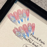 Handmade Press On Nails Full Glitter False Nails 3D Butterfly Rose Flower Decor Charming Purple Gradient Fake Nails Long Almond