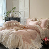 Pink Egyptian Cotton Princess Bedding Sets Luxury Chiffon Lace Embroidery Ruffles Duvet Cover Bed Sheet Pillowcases