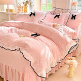 Korean Princess Style With Black Bow Lace Ruffles Pleat Milk Velvet Bedding Set Bedroom Decor Duvet Cover Bed Sheet Pillowcase